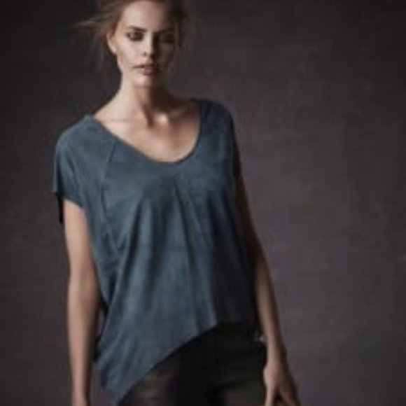Muubaa Hi-Low Sinatra Drape Suede Turquoise Teal Top Relaxed Blouse 4 Small - Picture 1 of 11
